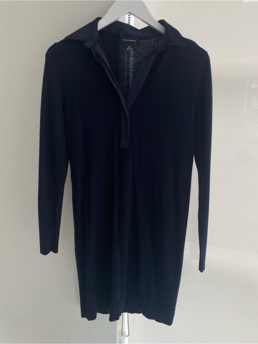 Club Monaco 100% Wool Knit Women’s Navy V‑Neck Polo Sweater Dress Size Small